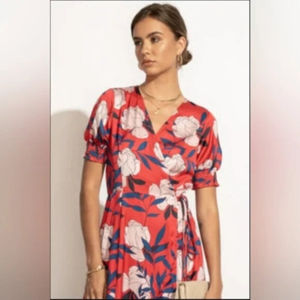Bohme Womens Satin‎ Wrap Dress Red Floral Print Tie Waist Short Sleeve Medium